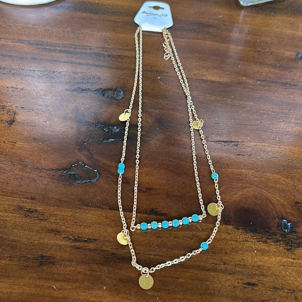 Fashion Jewelry double layered Boho style necklace beads blue NWT